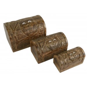 Mango Wood Owl Design Domed Trinket Jewellery Boxes - Set/3