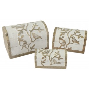 Mango Wood Bird Design Domed Trinket Jewellery Boxes - Set/3