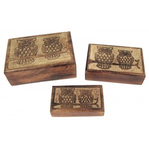 Mango Wood Owl Design Trinket Jewellery Boxes - Set/3
