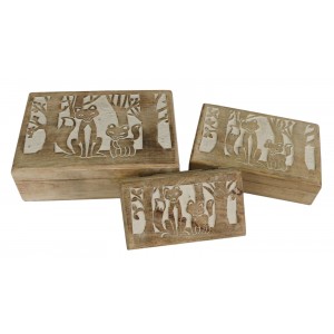 Mango Wood Fox Design Trinket Jewellery Boxes - Set/3