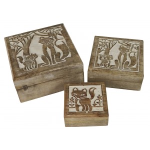 Mango Wood Fox Design Square Trinket Jewellery Boxes - Set/3