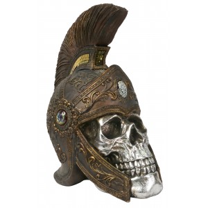 Electroplated Resin Skull With Roman Helmet Skeleton Head 33cm