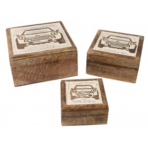 Mango Wood Car Design Square Trinket Jewellery Boxes - Set/3