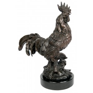 Hot Cast Bronze Rooster Sculpture On Marble Base 32cm