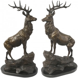 Foundry Cast Bronze Stags (Left & Right) Sculptures On Marble Bases 68.9cm