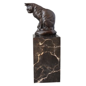 Foundry Cast Bronze Cat Sculpture On Marble Base 21cm
