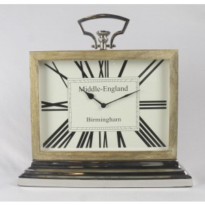 Rectangular Desk Table Clock - Mango Wood And Nickel Fittings 45.4cm High - Middle England Birmingham