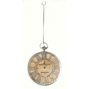 Round Wood & Aluminium Clock Hanging From Metal Chain