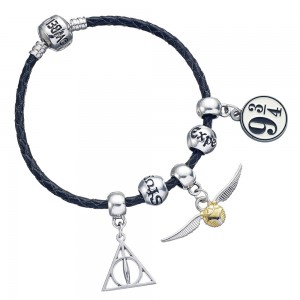 Harry Potter Charm Set- Black Leather Bracelet/Deathly Hallows/Snitch/Platfrom 9 3/4 & 2 Spellbeads